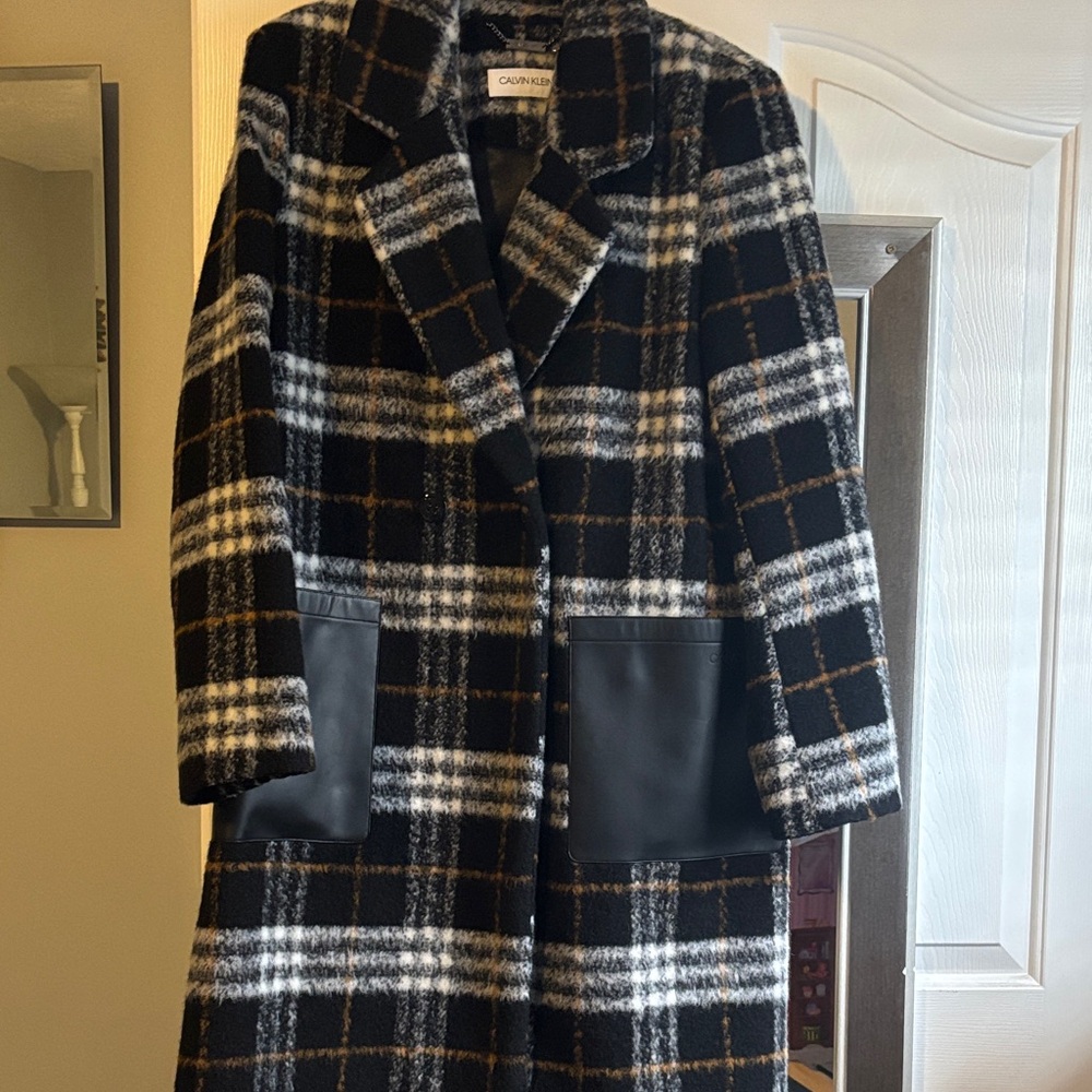 Calvin Klein Black and White Checkered Pea Coat